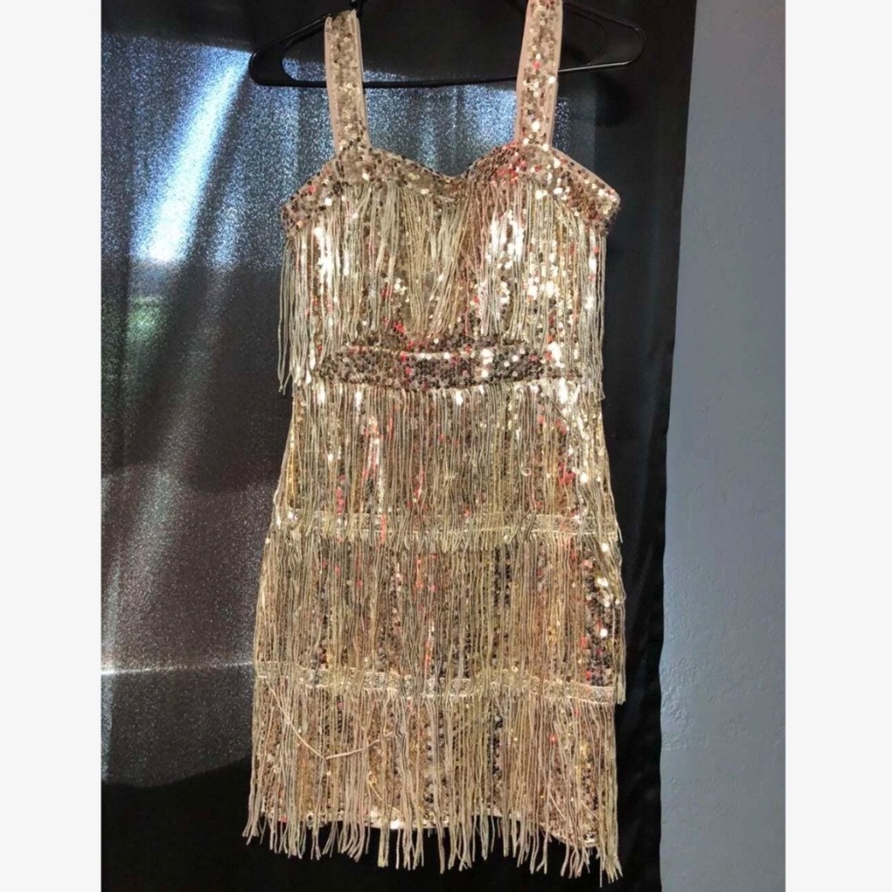 Gold Sequined Tassel Mini Short Dress Fringe Party - Picture 8 of 16